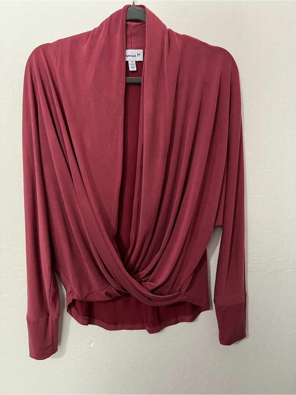 Veronica M Draped Wrap-Front Long Sleeve Top — Berry Plum Color Made in USA Sz M